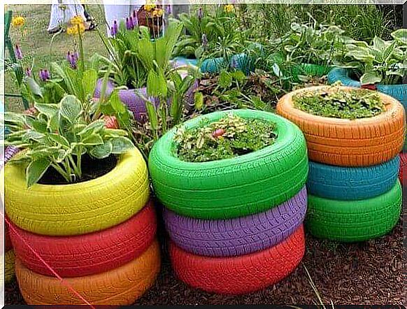 Car tires as flower pots